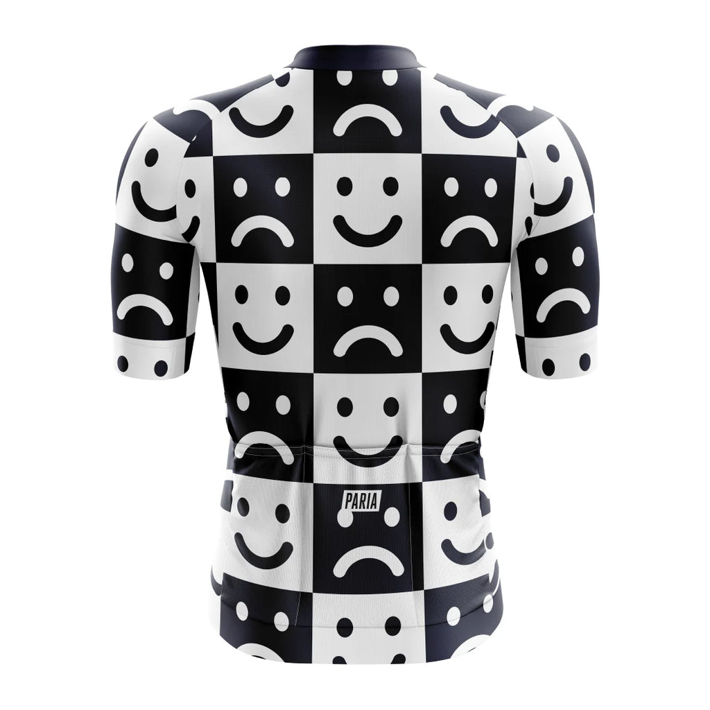 [design:Smiley Sad Aero] Back view. A short sleeve cycling jersey featuring an illustration in black and white colors.