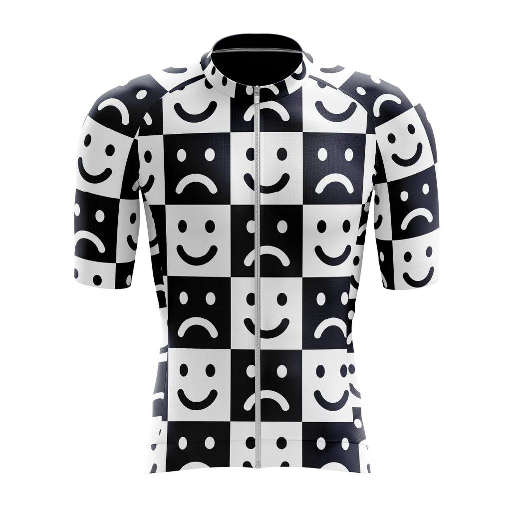 [design:Smiley Sad Aero] Front view. A short sleeve cycling jersey featuring an illustration in black and white colors.