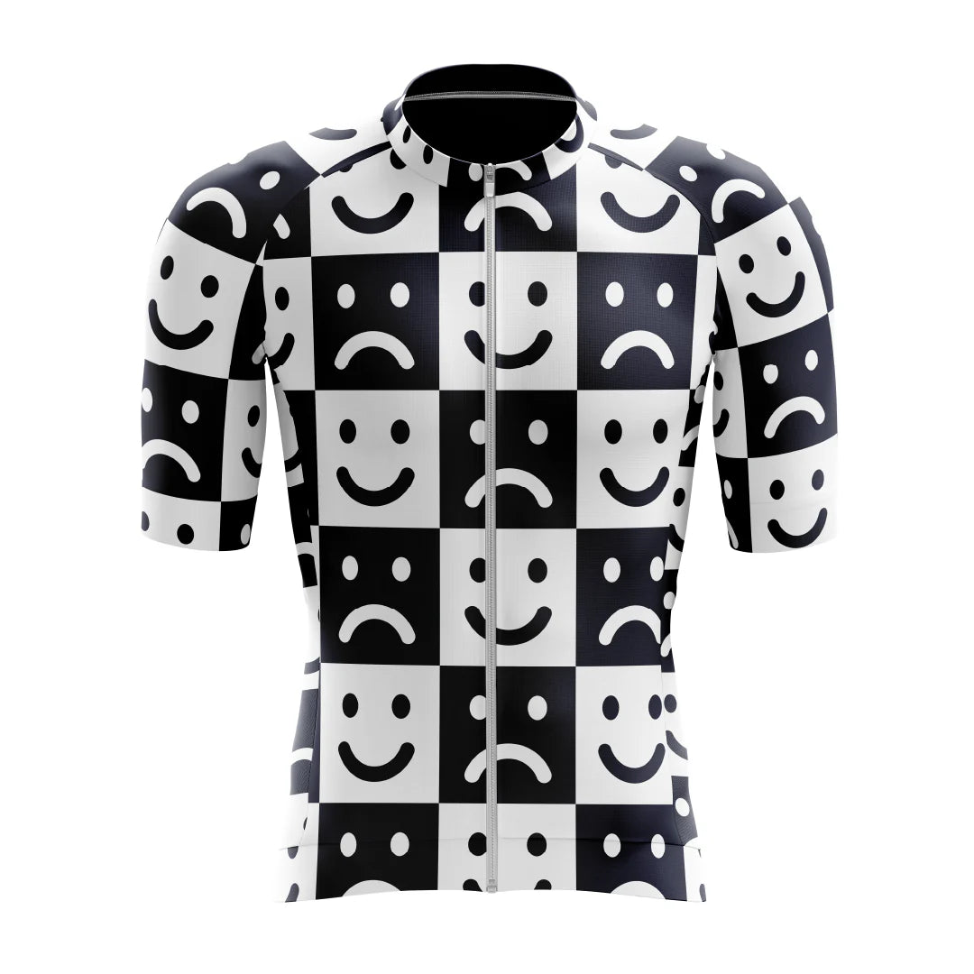 [design:Smiley Sad Aero] Front view. A short sleeve cycling jersey featuring an illustration in black and white colors.