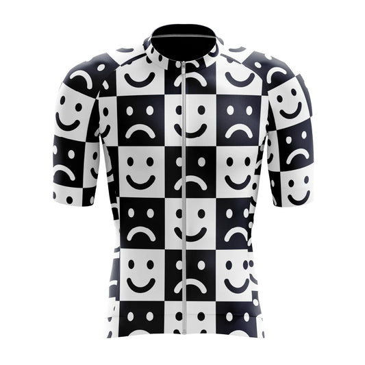 [design:Smiley Sad Aero] Front view. A short sleeve cycling jersey featuring an illustration in black and white colors.