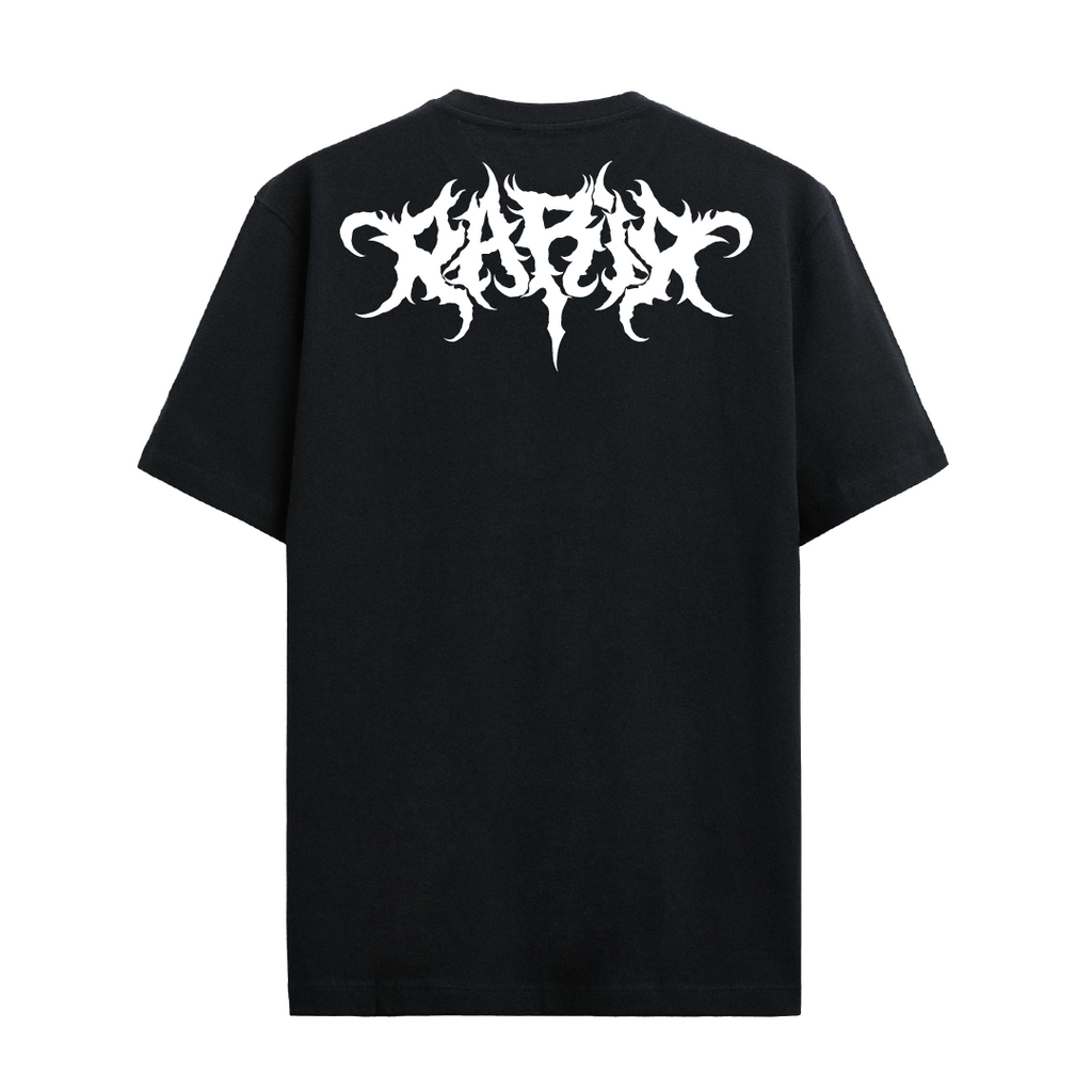 Black crew neck t-shirt with a distressed white 'PARIA' logo printed on the front and back.