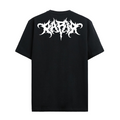 Black crew neck t-shirt with a distressed white 'PARIA' logo printed on the front and back.