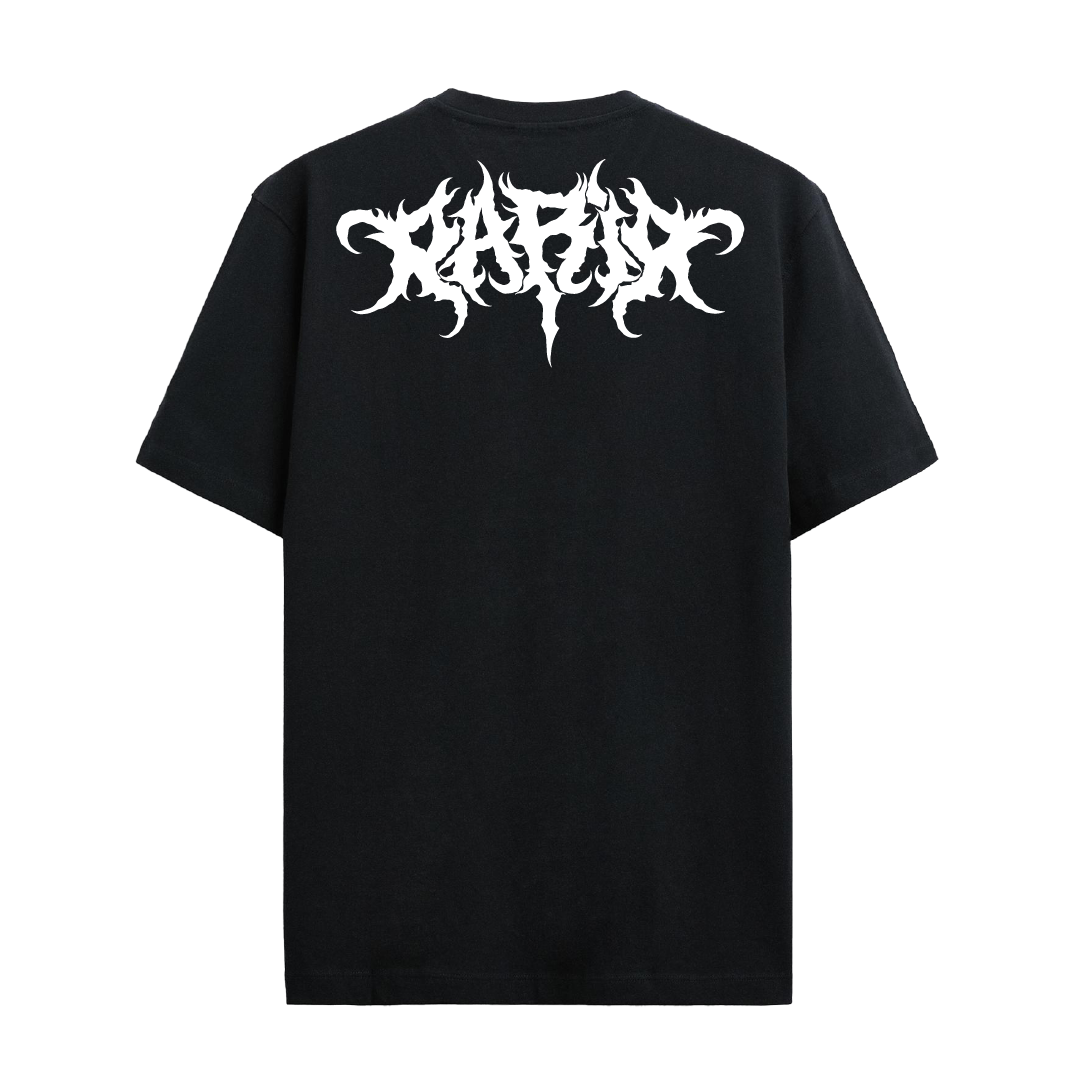 Black crew neck t-shirt with a distressed white 'PARIA' logo printed on the front and back.