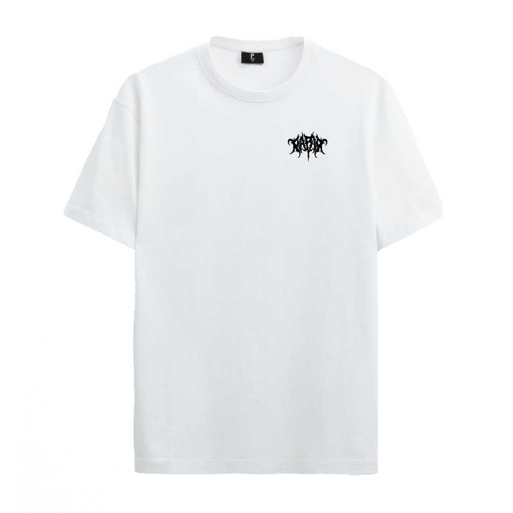 White heavyweight cotton t-shirt with death-inspired rear graphic ‚Äì Rim Reaper by PARIA