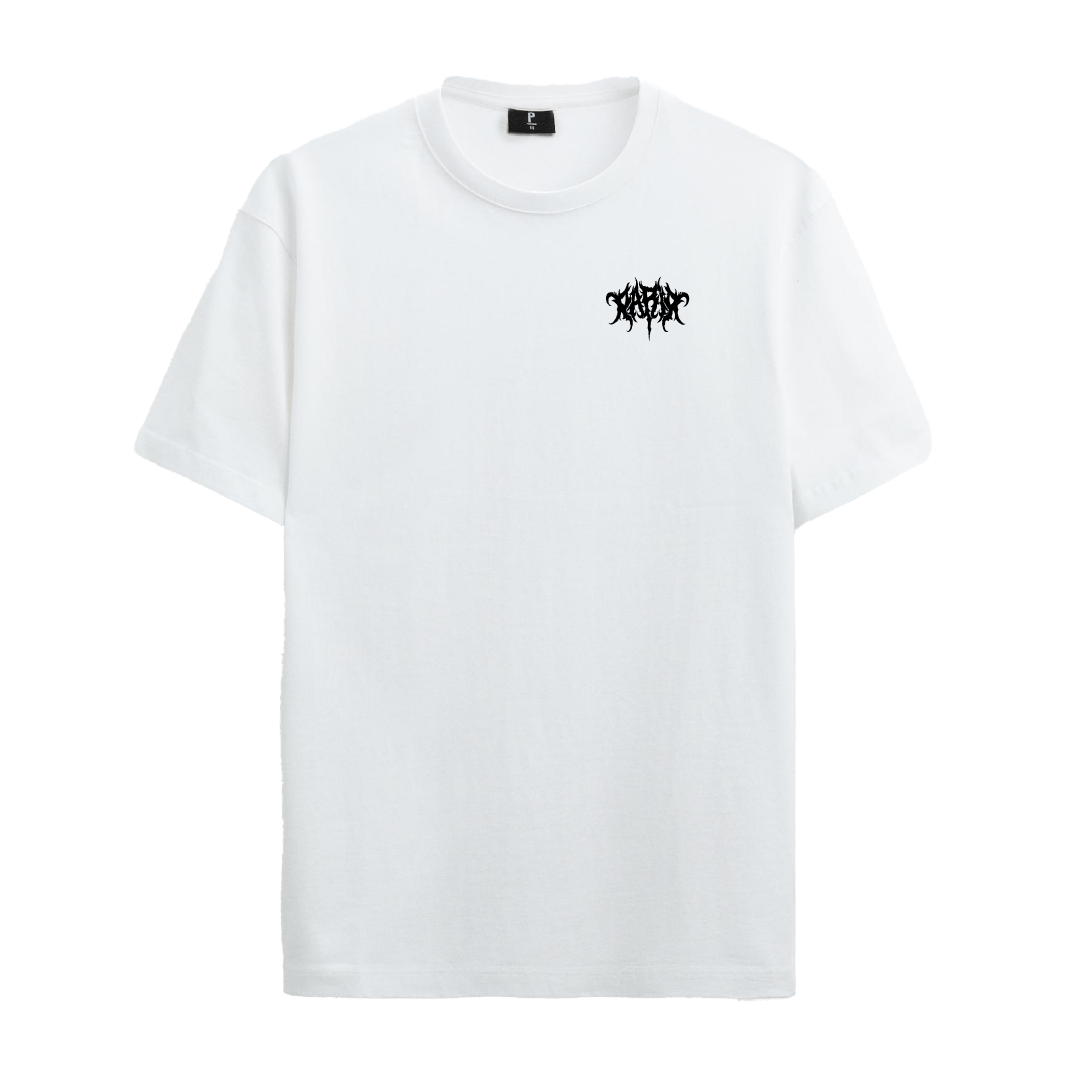 White heavyweight cotton t-shirt with death-inspired rear graphic ‚Äì Rim Reaper by PARIA