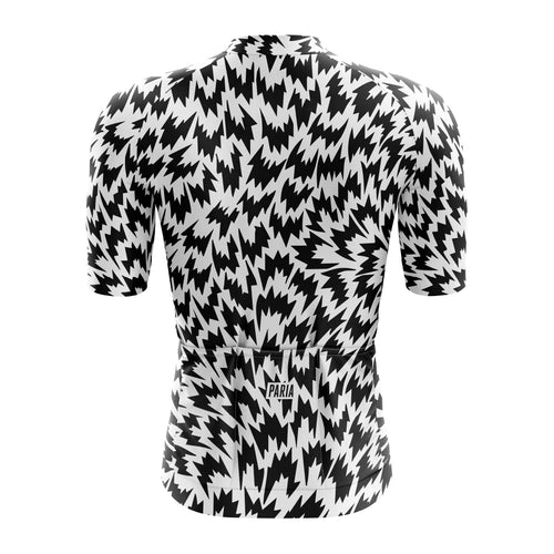[design:Flashback Aero] Back view. A short sleeve cycling jersey featuring a geometric pattern in black and white colors.