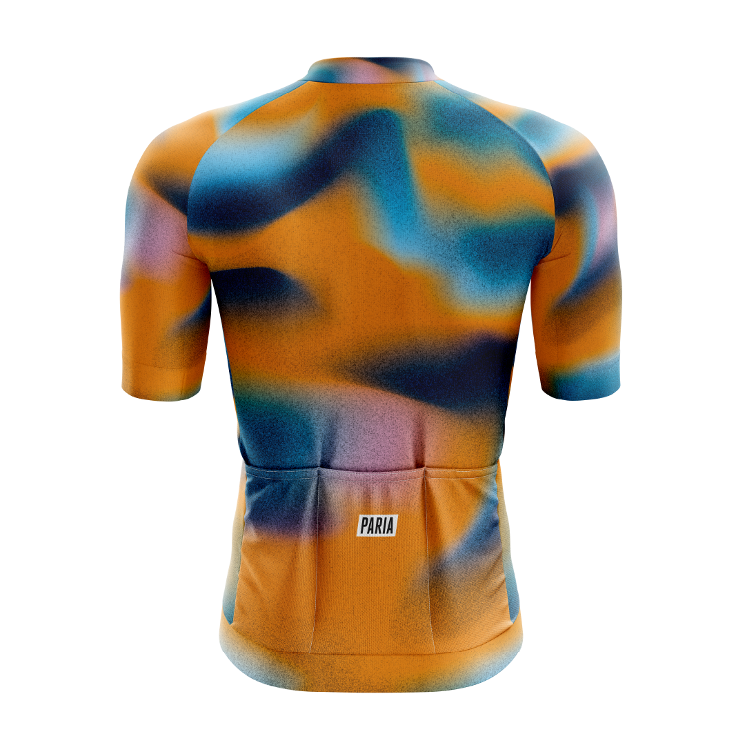 [design:Heatmap] Back view. A short sleeve cycling jersey featuring a heatmap pattern in orange and blue colors.
