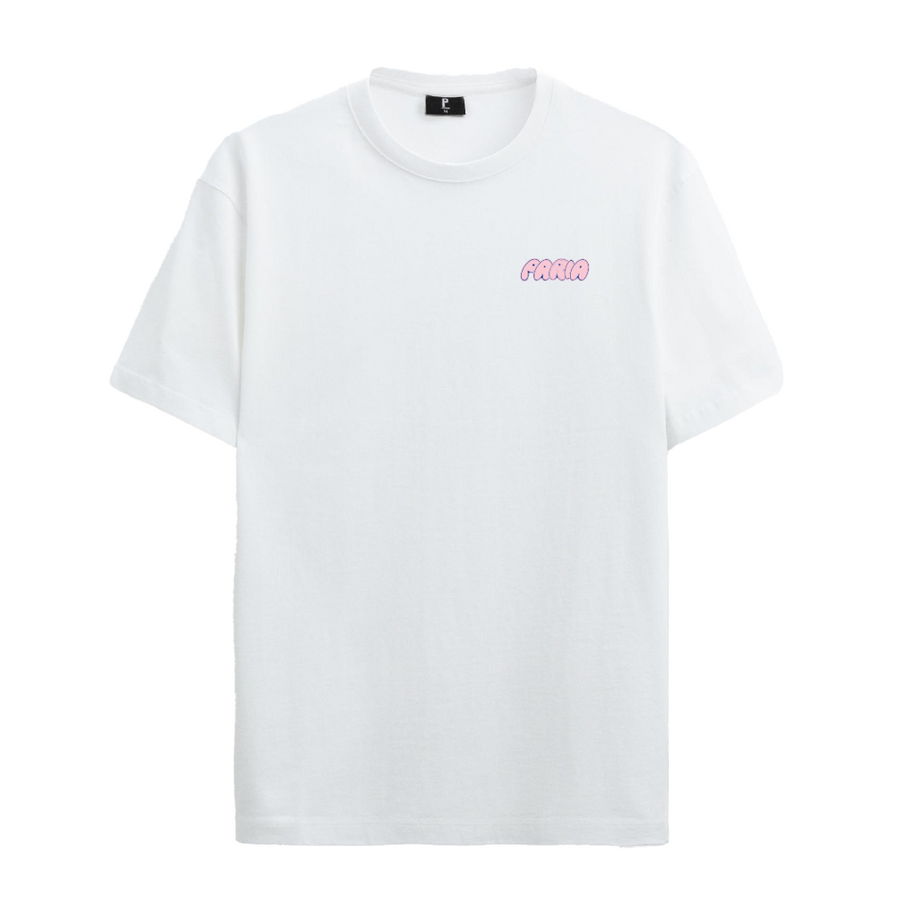 White crew neck t-shirt with the text 'PARIA' printed in bold pink font on the back.
