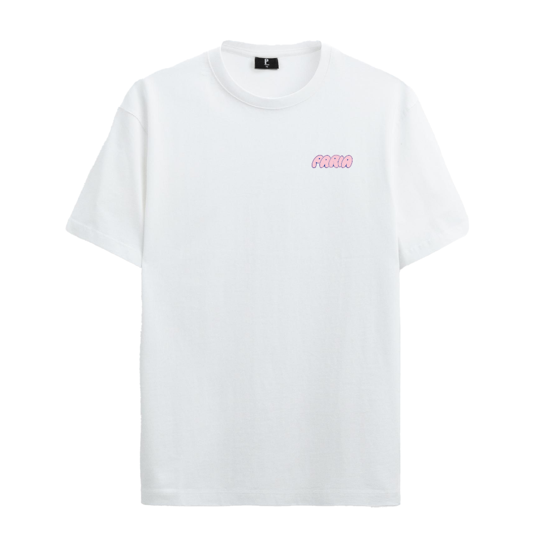 White crew neck t-shirt with the text 'PARIA' printed in bold pink font on the back.