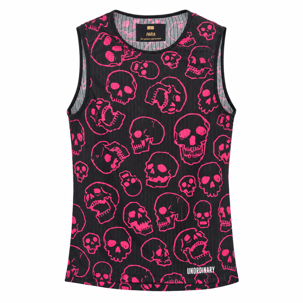 A sleeveless black ribbed tank top by Uniqlo's Underground line, featuring an all-over hot pink skull pattern and a white 'UNDERGROUND' logo near the bottom hem.