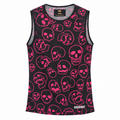 A sleeveless black ribbed tank top by Uniqlo's Underground line, featuring an all-over hot pink skull pattern and a white 'UNDERGROUND' logo near the bottom hem.