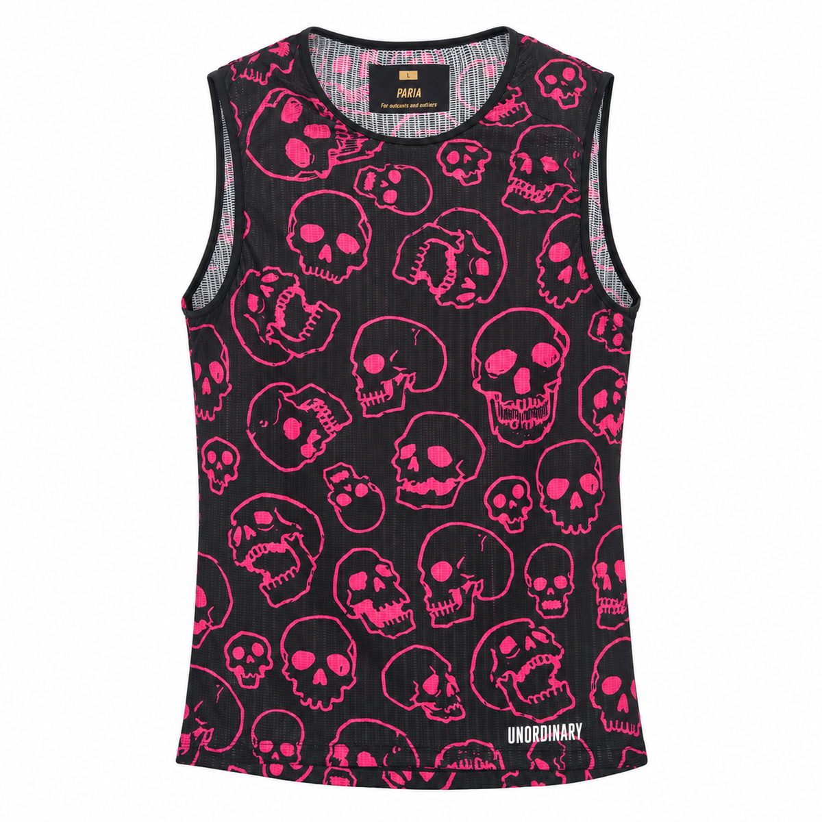 A sleeveless black ribbed tank top by Uniqlo's Underground line, featuring an all-over hot pink skull pattern and a white 'UNDERGROUND' logo near the bottom hem.