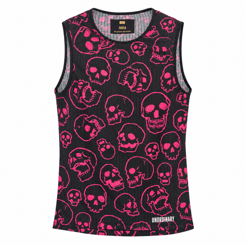 A sleeveless black ribbed tank top by Uniqlo's Underground line, featuring an all-over hot pink skull pattern and a white 'UNDERGROUND' logo near the bottom hem.