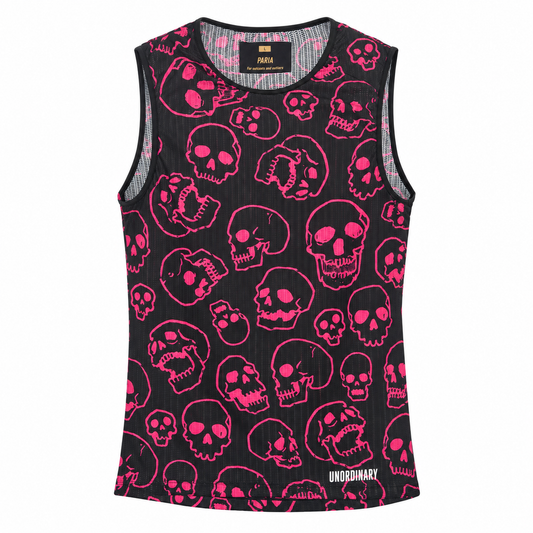 A sleeveless black ribbed tank top by Uniqlo's Underground line, featuring an all-over hot pink skull pattern and a white 'UNDERGROUND' logo near the bottom hem.