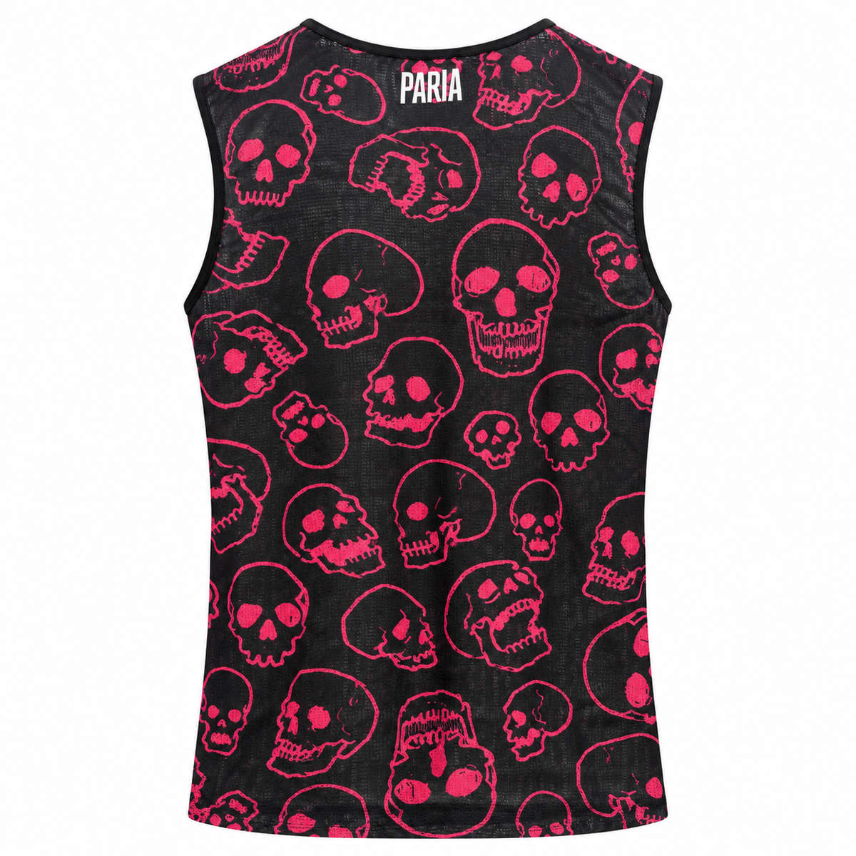 A sleeveless black tank top featuring an all-over pink skull pattern, with the brand name 'PARIA' printed in white at the inner neckline, shown against a plain white background.