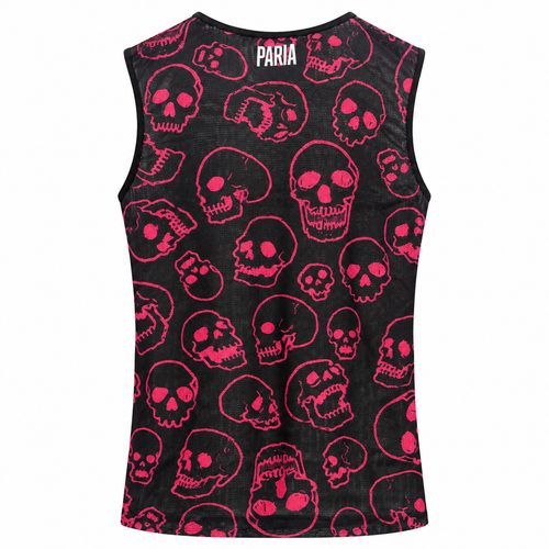 A sleeveless black tank top featuring an all-over pink skull pattern, with the brand name 'PARIA' printed in white at the inner neckline, shown against a plain white background.