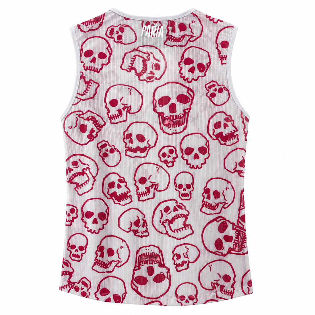 A sleeveless white ribbed tank top featuring an all-over red skull pattern, with a white 'MARA' brand label printed inside the collar, shown against a plain white background.