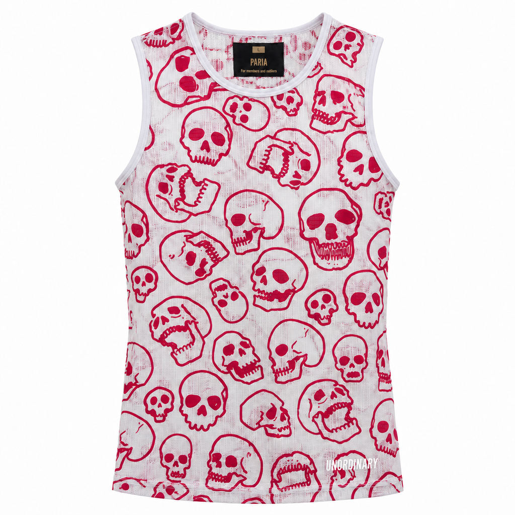 A sleeveless white tank top with an all-over red skull print, featuring a crew neck and a visible PUMA brand label at the collar.