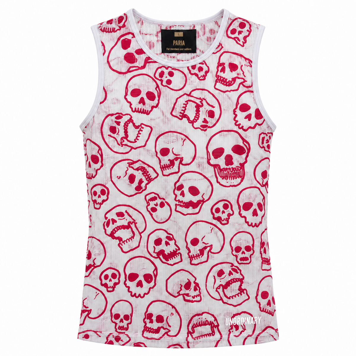 A sleeveless white tank top with an all-over red skull print, featuring a crew neck and a visible PUMA brand label at the collar.