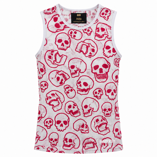 A sleeveless white tank top with an all-over red skull print, featuring a crew neck and a visible PUMA brand label at the collar.