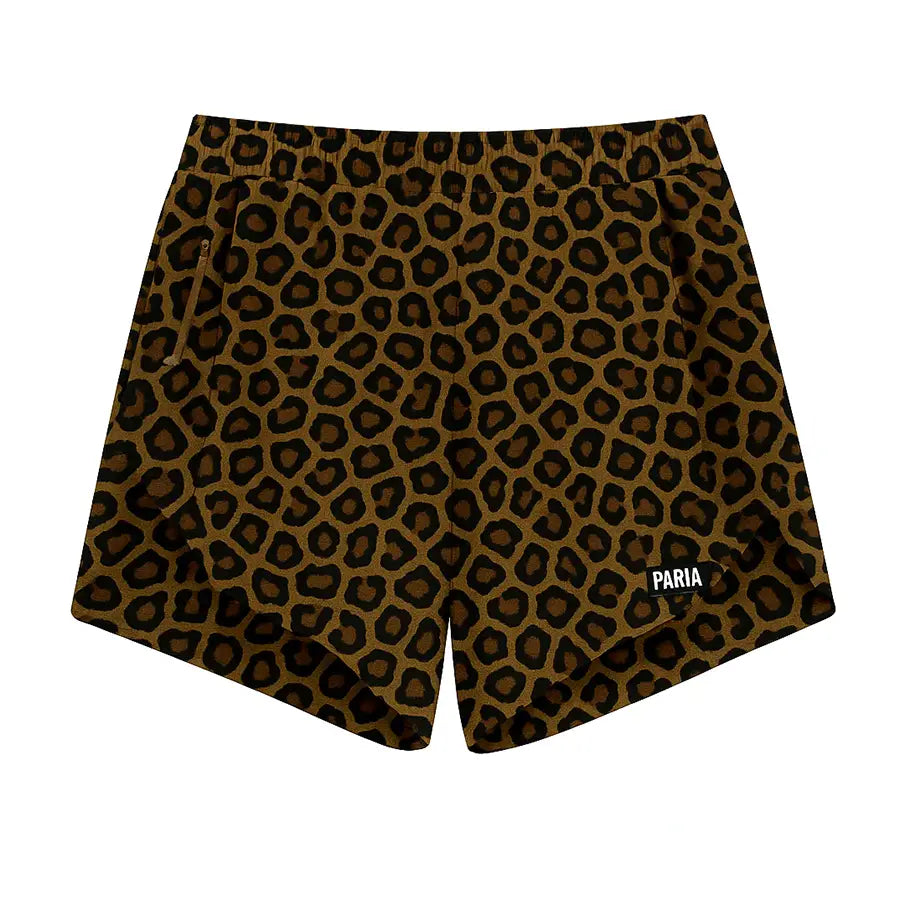 Leopard print shorts with 'PARIA' branding on a white background