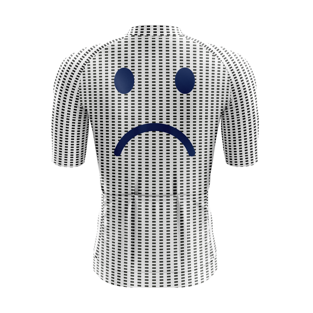 White cycling jersey with a sad face design on a white background