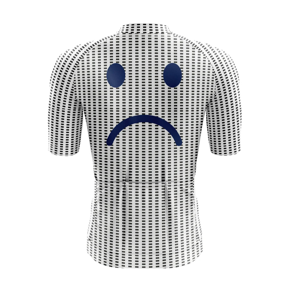 [design:Good Day Bad Day] Back view. A short sleeve cycling jersey featuring a smiley face illustration in white and blue colors.