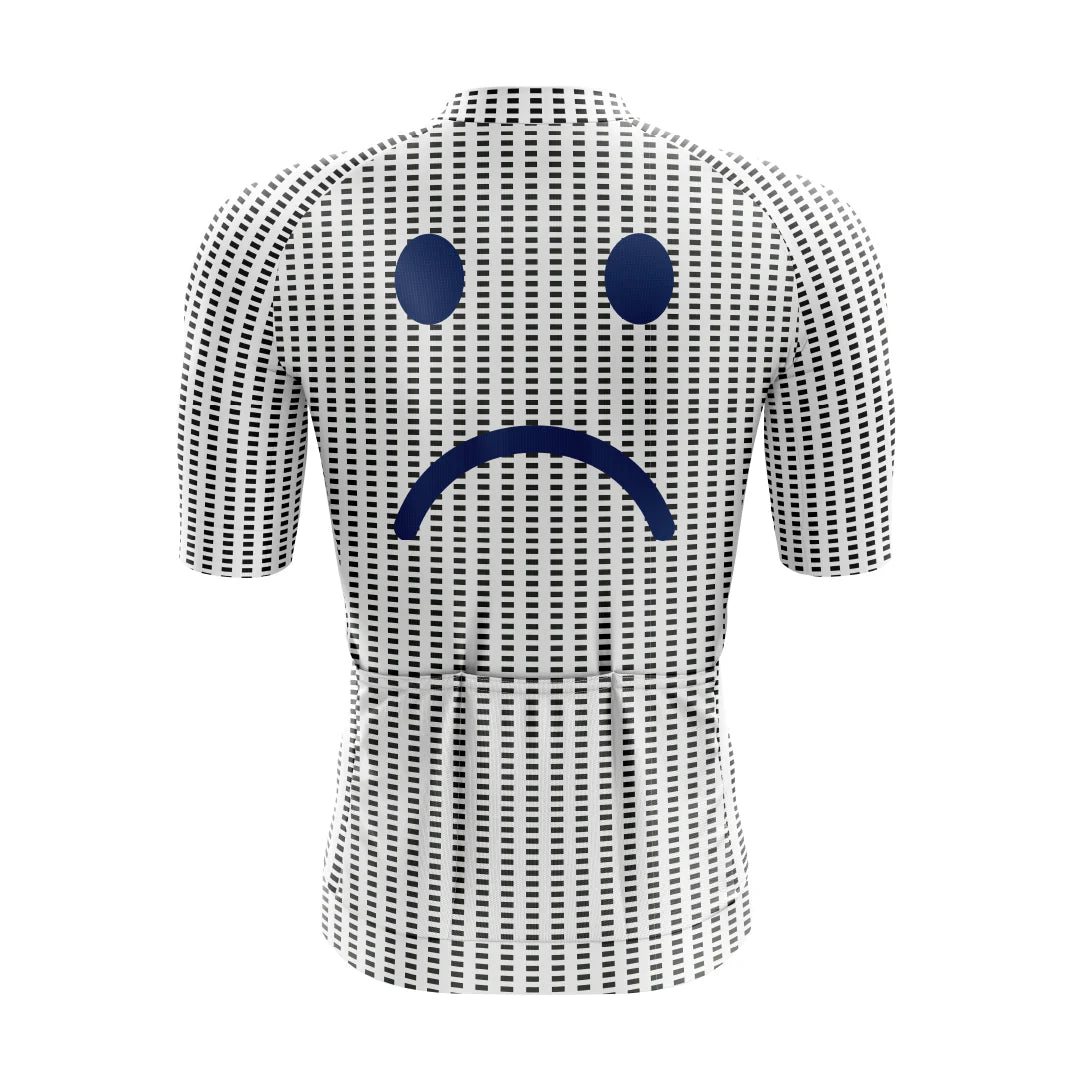 [design:Good Day Bad Day] Back view. A short sleeve cycling jersey featuring a smiley face illustration in white and blue colors.