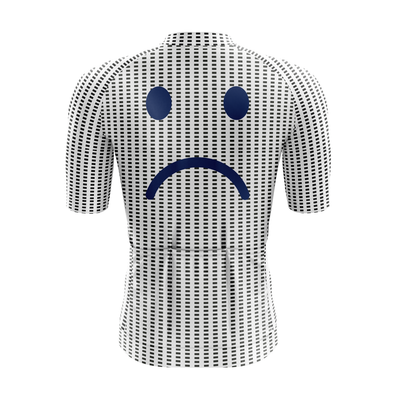 White cycling jersey with a sad face design on a white background