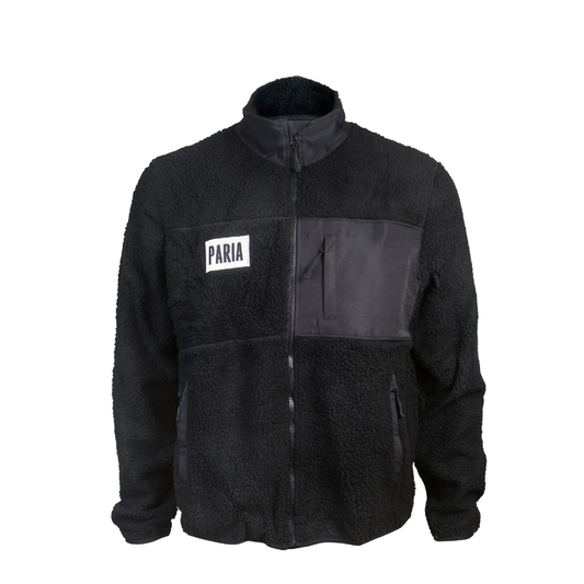 A black fleece cycling jacket with four zipped pockets and a logo on the upper left side, featuring a standing collar and zip front.